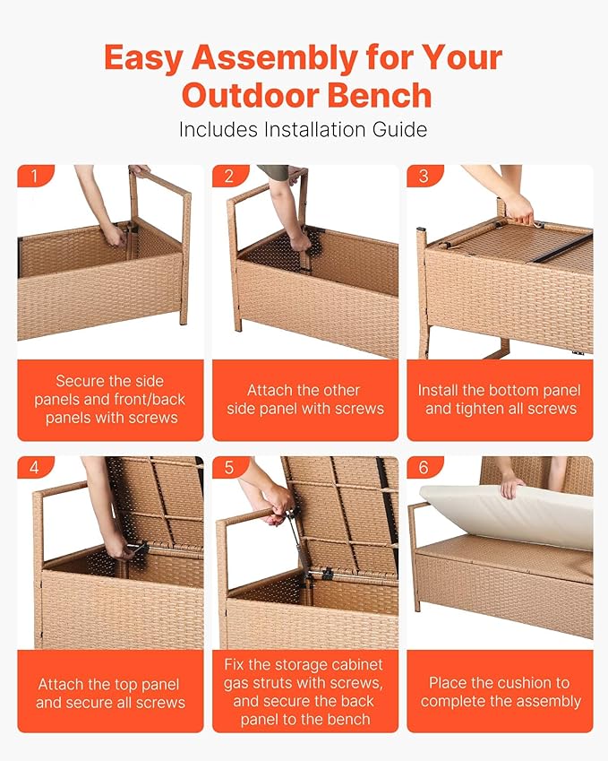 VEVOR Outdoor Storage Bench, 2-Person PE Rattan Storage Bench, 70 Gal Deck Box - Image 7