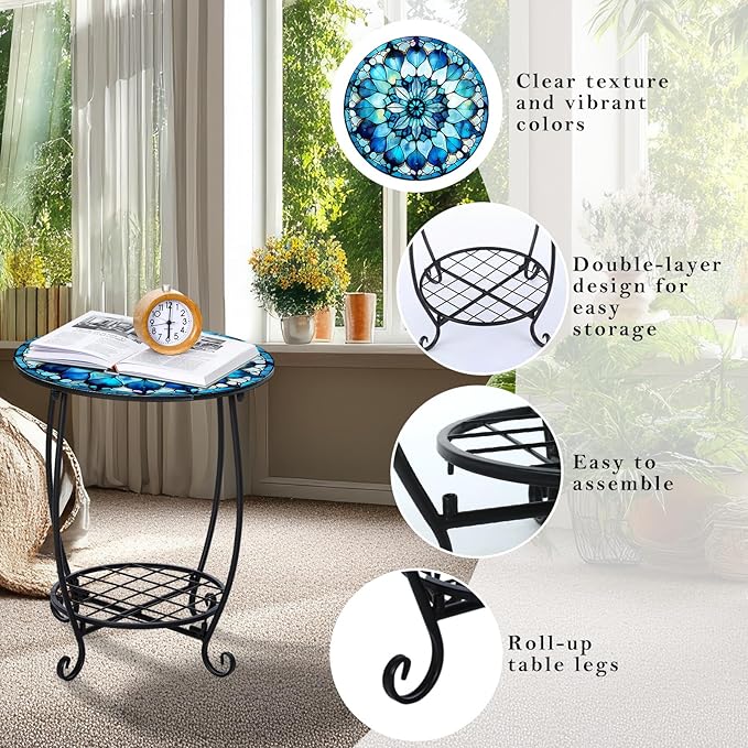 Outdoor Side Table Round Small Mosaic Patio Accent Indoor End Plant Coffee Tea - Image 4