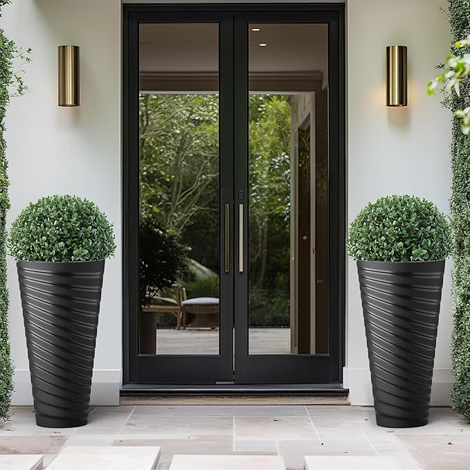 Kante 29 Inch Tall Planter Set of 2, Round Spiral Textured Flower Pots - Image 3
