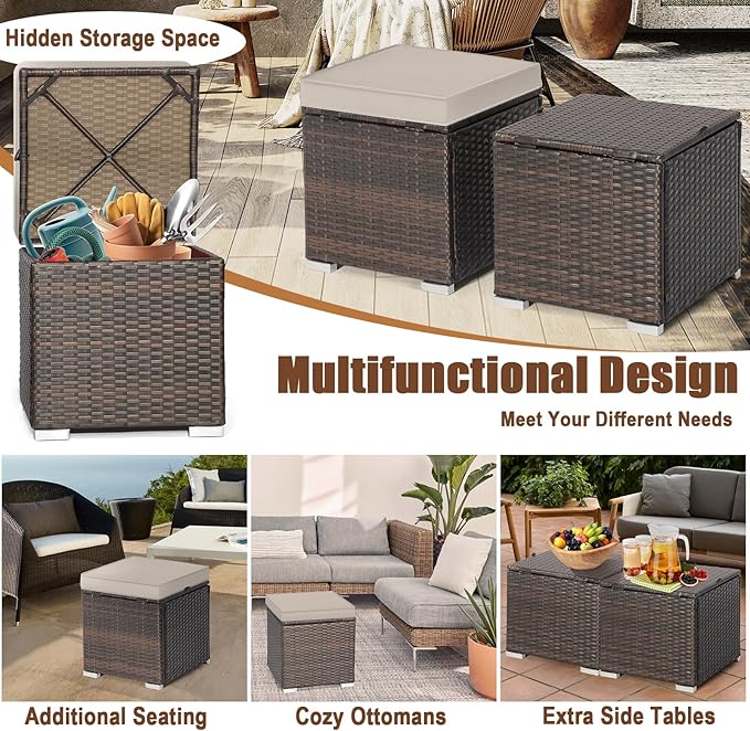RELAX4LIFE Wicker Outdoor Storage Ottoman, 2-Piece Rattan Footstool w/Removable - Image 7
