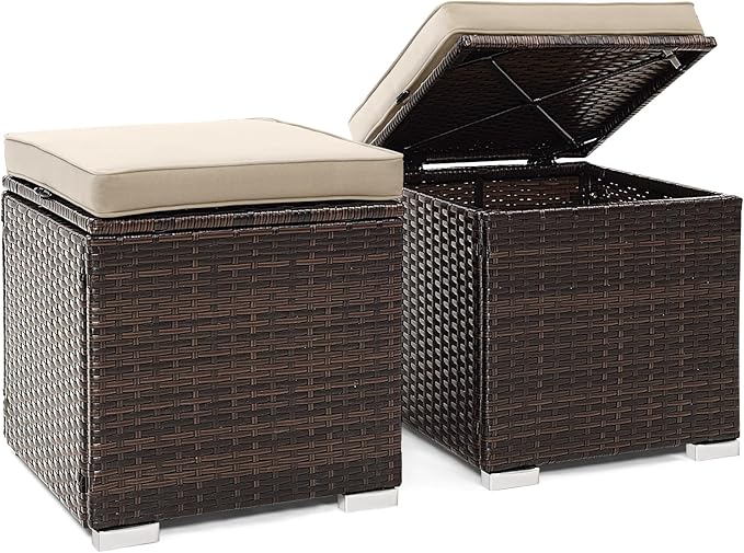 Tangkula 2 Pieces Patio Ottomans, Patiojoy Hand-Woven PE Rattan Side Table by TANGKULA