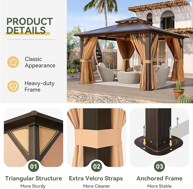Aoxun 12'x12' Hardtop Gazebo, Aluminum Frame Permanent Pavilion - Image 6