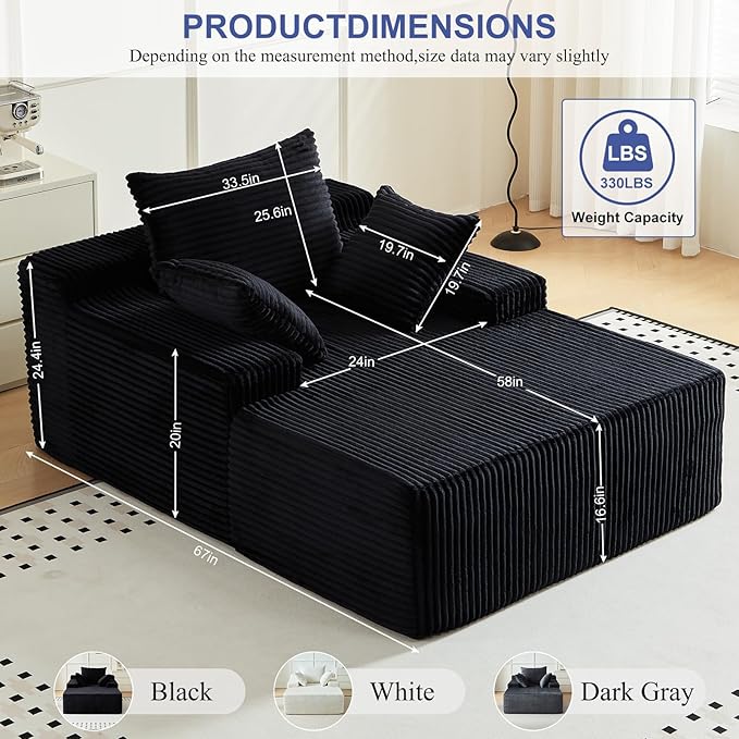 67 Inch Chaise Lounge Chair Indoor, Oversized Upholstered Boneless Sofa Bed - Image 2