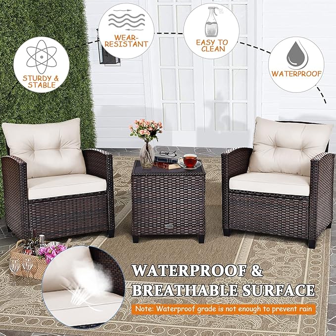Tangkula 3 Pieces Patio Furniture Set, PE Rattan Wicker 3 Pcs Outdoor Sofa Set - Image 9