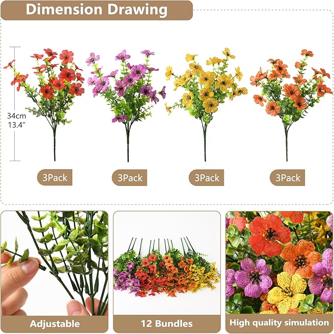 Artificial Flowers Faux Plants Outdoor Fake Flowers Spring Decor, 12 Bundles - Image 3