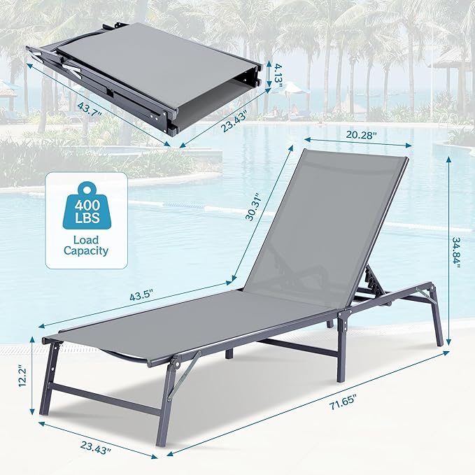 Outdoor Chaise Lounge Chair Set of 2, Foldable & Assemble-Free, 6 Adjustable - Image 3