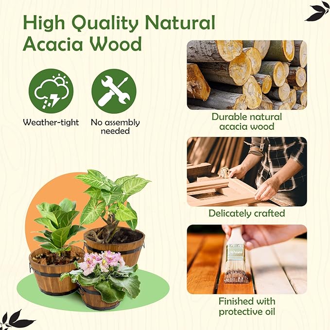 Idzo Set of 3 Wooden Flower Boxes Outdoor, Durable Acacia Wood Barrel Planters - Image 2