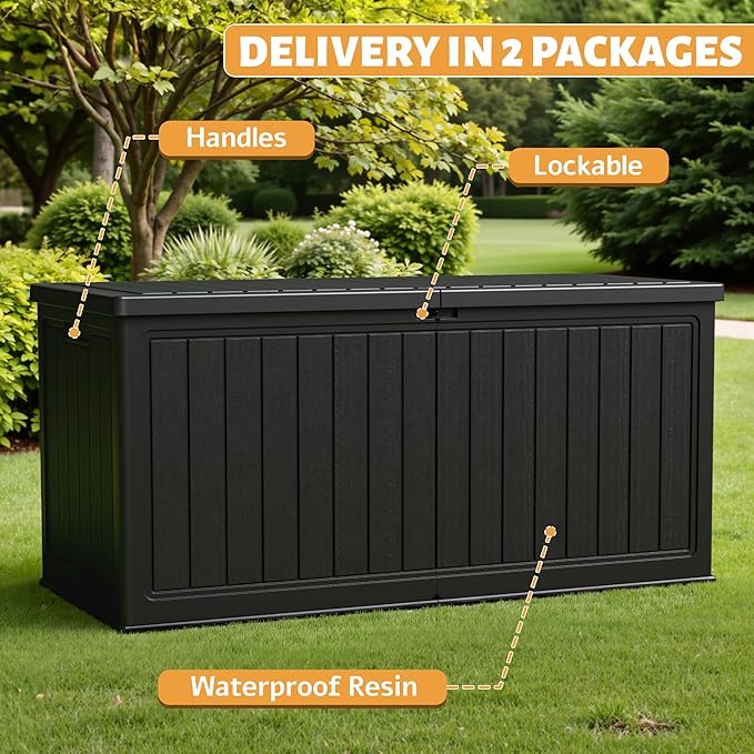 Flamaker Resin Deck Box 270 Gallon, Waterproof Imitation-Wood Lockable Storage - Image 3