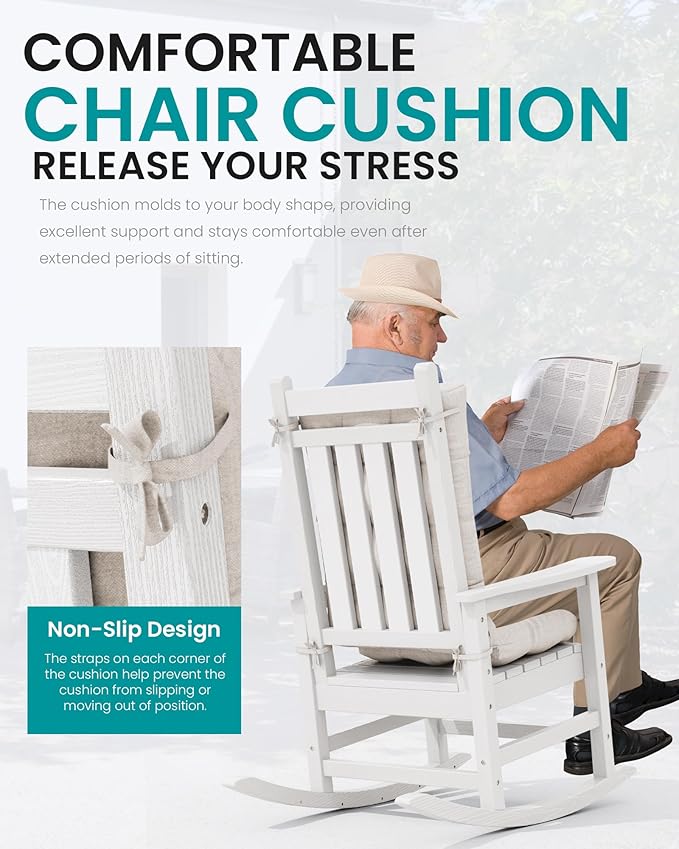SERWALL HDPE Outdoor Rocking Chair Cushion Set of 4, Memory Foam Cushion Beige - Image 4