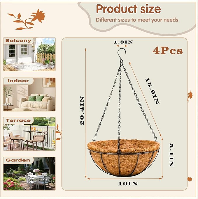 Metal 10 inch Round Planter, 4 Pack Hanging Wire Basket - Image 4