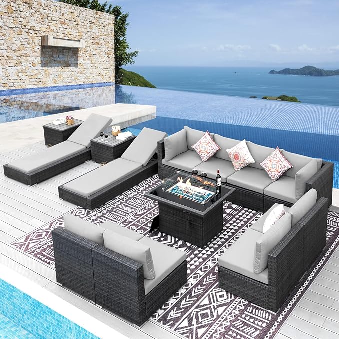 NICESOUL 13 Pcs Patio Set with Fire Pit Table, Modular 10-Seat Wicker Outdoor by NICESOUL
