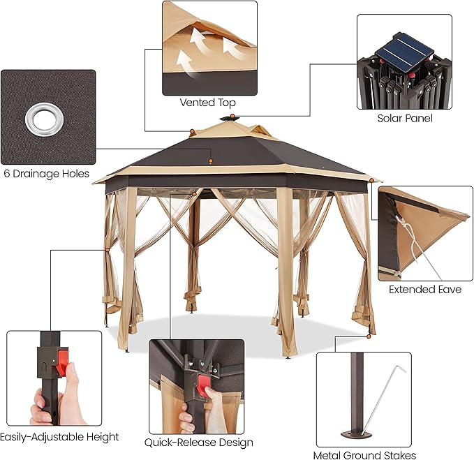 Yaheetech 13×13 Pop-Up Patio Gazebo Tent W/Mesh Netting Sides & 25 Solar LED - Image 5