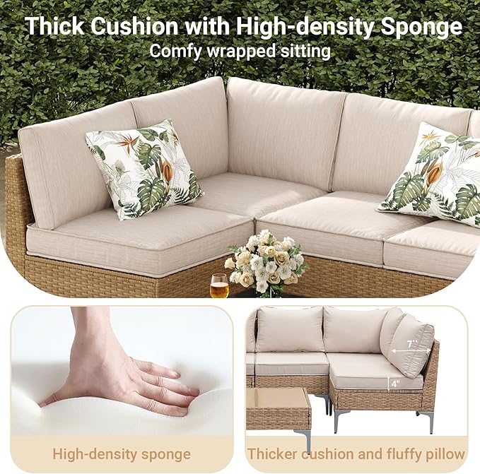 Jing's Villa 5-Piece Outdoor Patio Furniture Set, Ratten Conversation Sectional - Image 2