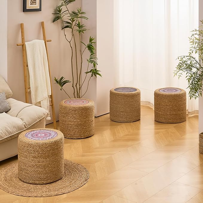 Wimarsbon Round Pouf Ottomans, Handwoven Natural Water Hyacinth Seagrass Pouffe - Image 6