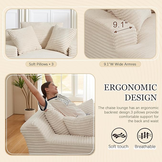 80 Inch Chaise Lounge Chair Indoor, Oversized Corduroy Upholstered Boneless - Image 4