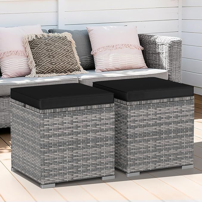 Tangkula 2 Pieces Patio Ottomans, Patiojoy Hand-Woven PE Rattan Side Table - Image 9