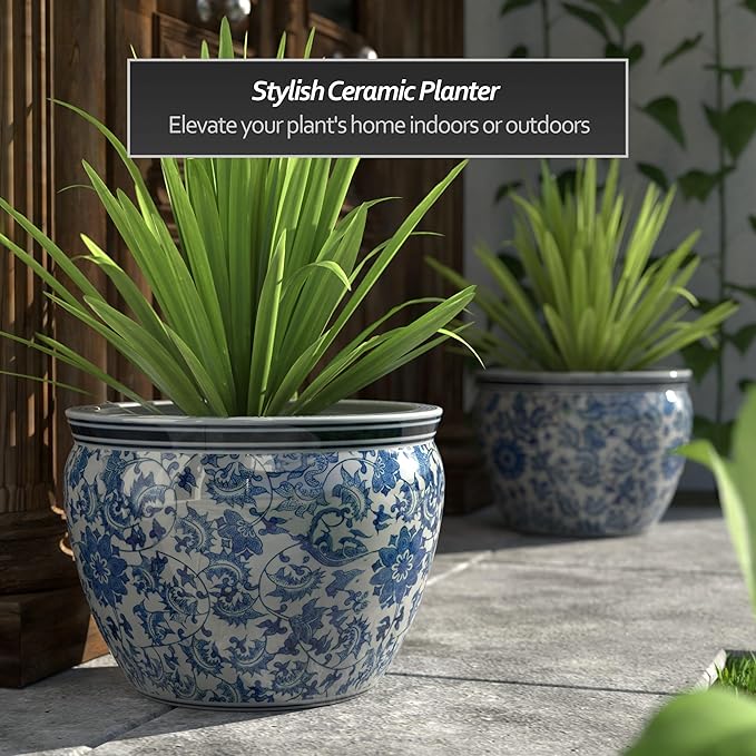 Red Lantern Large 18" Porcelain Fishbowl Blue & White Floral Planter or Cachepot - Image 2