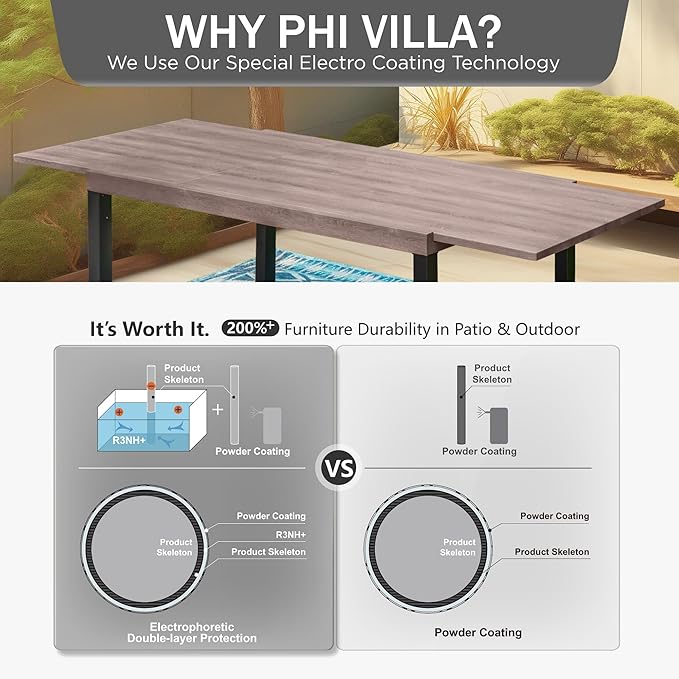 PHI VILLA Outdoor Metal Expandable Dining Table, Wood-Like Wrought Iron - Image 7
