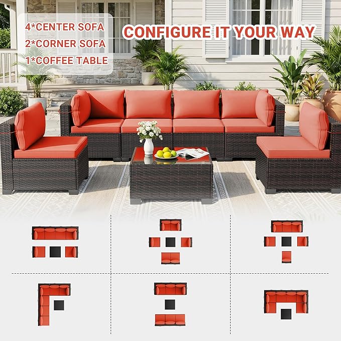 LEVELEVE 7 Pieces Outdoor Patio Furniture Sets, Rattan Conversation Sectional - Image 3