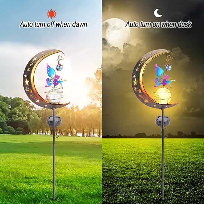 Solar Fairy Garden Light Decor, Moon Fairy Stake Lights, Crackle Glass Globe - Image 3