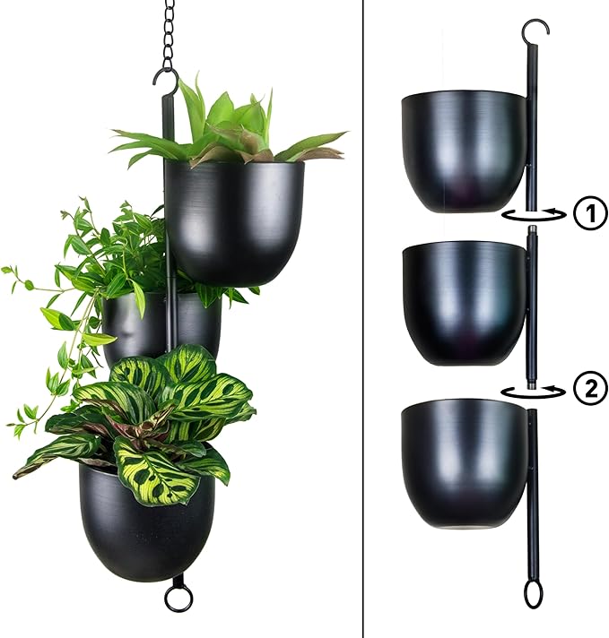 3 Tier Hanging Planters for Indoor & Outdoor, Stackable Black Metal Plant Hanger - Image 3