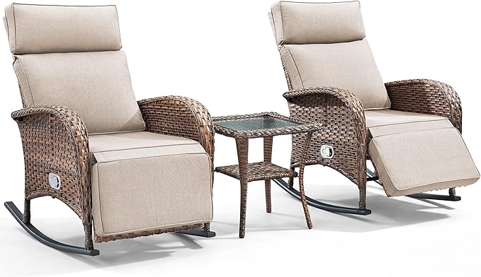 3 Pieces Zero Gravity Wicker Patio Rocking Recliner Chairs Set of 2 - Image 7