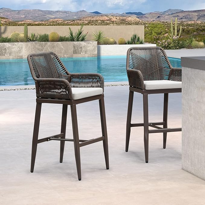 PURPLE LEAF Outdoor Wicker 29" Bar Stools Set of 2, Boho Patio Bar Height Chair - Image 2