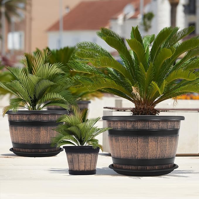 Quarut Plant Pots Set of 3 Pack 9 inch, Whiskey Barrel Planters - Image 6
