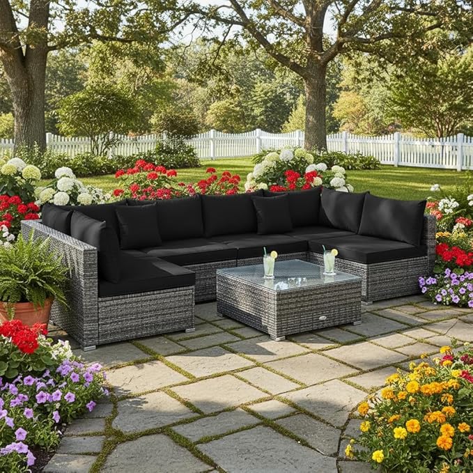 Tangkula 7 Pieces Patio Rattan Furniture Set, Patiojoy Outdoor Conversation Set by TANGKULA