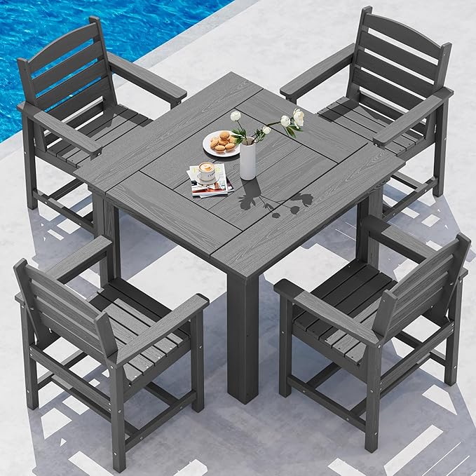 SERWALL Outdoor Dining Set for 4, HDPE Square Table and Chairs Set All Weather by SERWALL