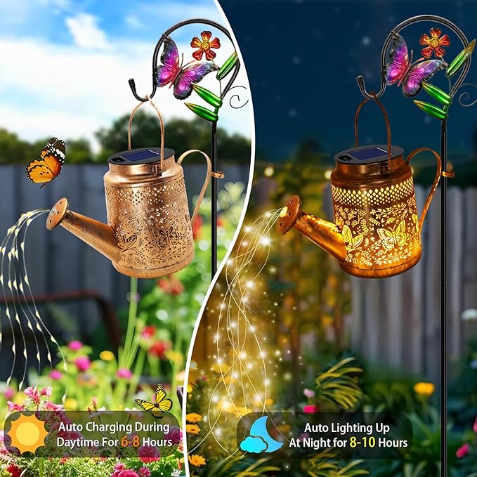 2 Pack Solar Powered Butterfly Watering Can Lights Waterproof Outdoor Decor - Image 6