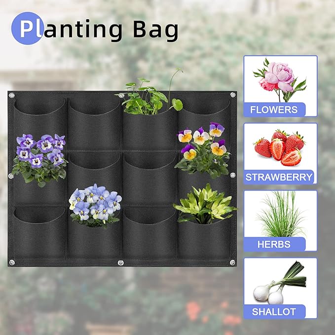 12 Pockets Hanging Planter Bags, Hanging Vertical Wall Mounted Plant Planting - Image 5