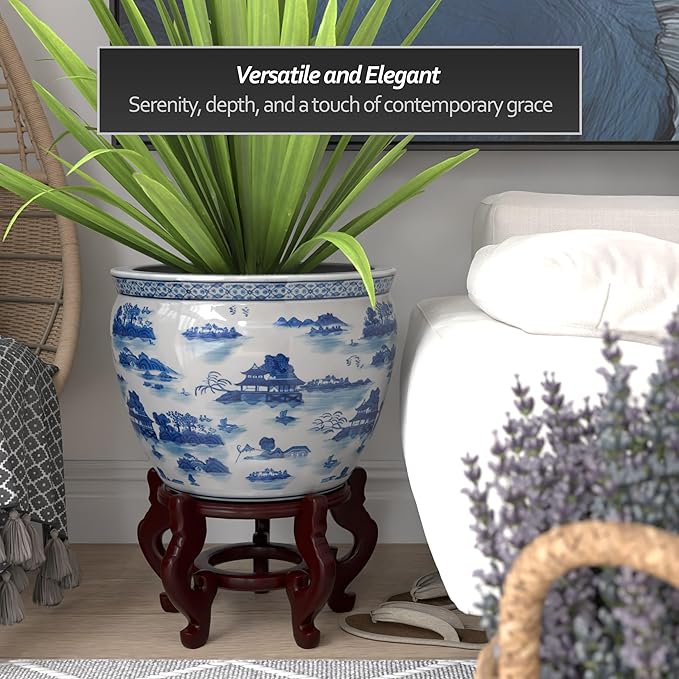 Red Lantern 18" Porcelain Fishbowl Blue & White Landscape Planter - Image 3