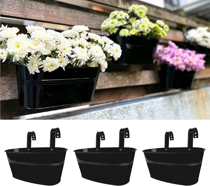 LaLaGreen Rail Planter Outdoor Plants Black Metal Iron Hanging Flower Pots Deck by L%C3%A1L%C3%A1Green