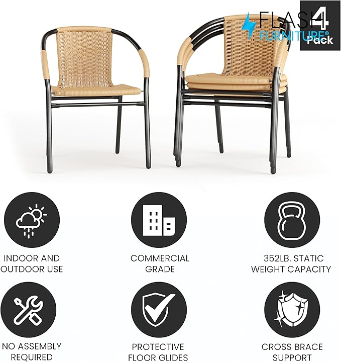 Flash Furniture Lila 4 Pack Beige Rattan Indoor-Outdoor Restaurant Stack Chair - Image 4