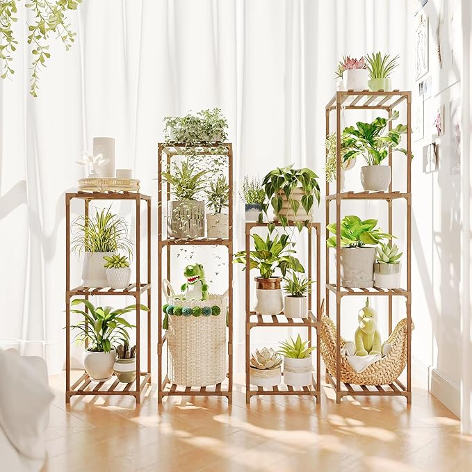 Bamworld 4 Sets Tall Plant Stands Indoor Outdoor Combo Plant Shelves Wooden by Bamworld