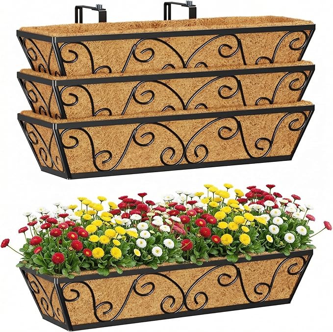 Y&M 24 Inch Window Deck with Coco Liner, Fence Metal Hanging Flower Planter by YM