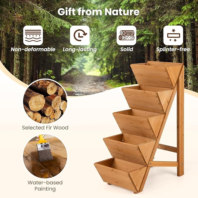 Giantex 5-Tier Wooden Vertical Raised Garden Bed Set of 2, Freestanding Plant - Image 3