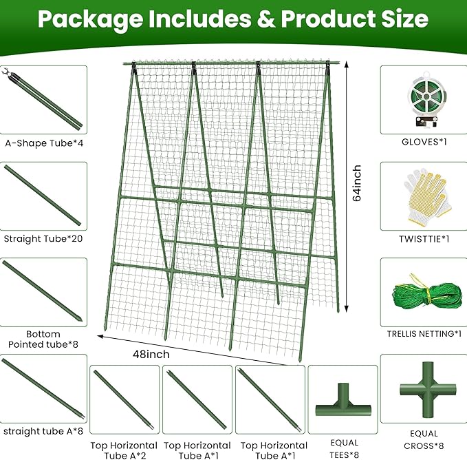 Cucumber Trellis for Raised Bed 48" L x 64" H, 16mm Heavy-Duty Metal A-Shape - Image 2