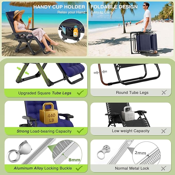Suteck Zero Gravity Chair, Reclining Camping Lounge Chair w/Removable Cushion - Image 5