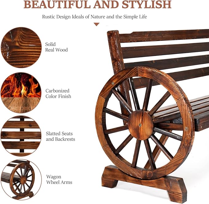 VINGLI Rustic Wooden Wheel Bench Outdoor Bench, Patio Bench Wagon Slatted Seat - Image 4