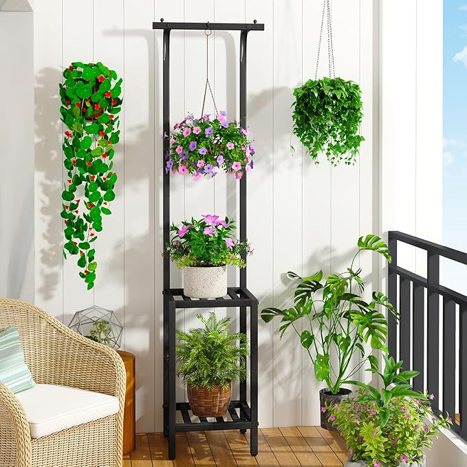 IBUYKE 67 Inch Tall Plant Stand Indoor Outdoor, 3 Tier Metal Hanging Plant Shelf - Image 8