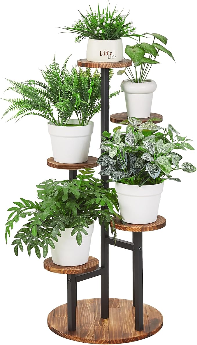 VECELO 5 Tier Plant Stand Indoor Outdoor, Tall Metal Wood Flower Shelf by VECELO