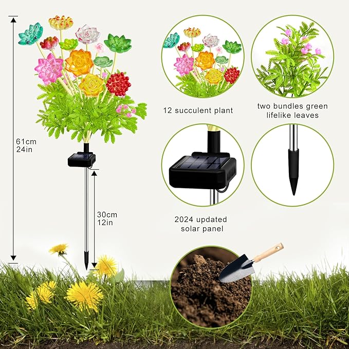 Solar Garden Lights Outdoor, 2 Pack Upgraded Succulent Solar Flowers Outside - Image 2