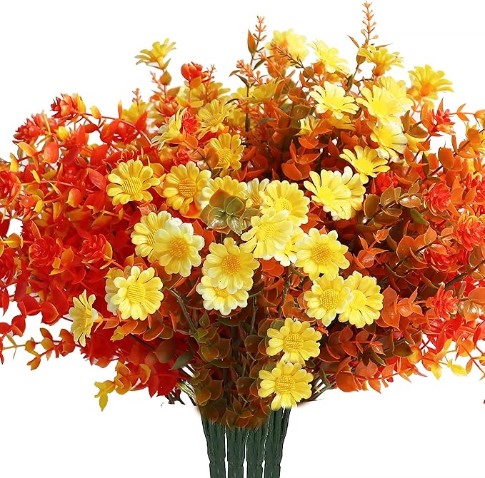 16 Bundles Artificial Plants Outdoor Fake Fall Flowers Mums by YIBUKIY