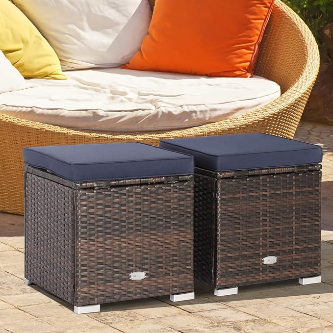 Tangkula 2 Pieces Patio Ottomans, Patiojoy Hand-Woven PE Rattan Side Table - Image 2