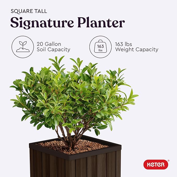 Keter Signature 21.6 Inch Tall Square Large Wood Look Planter - Image 10