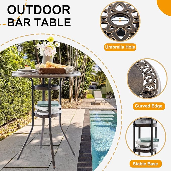 Outdoor Bar Height Table, 31.5" Round Cast Aluminum Patio Pub Table - Image 4