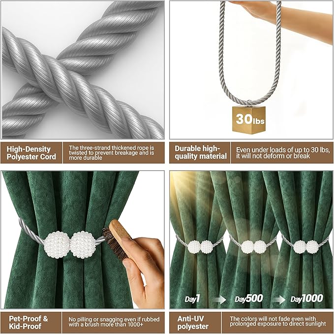 Hion Magnetic Curtain Tiebacks Grey 6 Pack, Curtain Tiebacks Buckles Holdbacks - Image 4