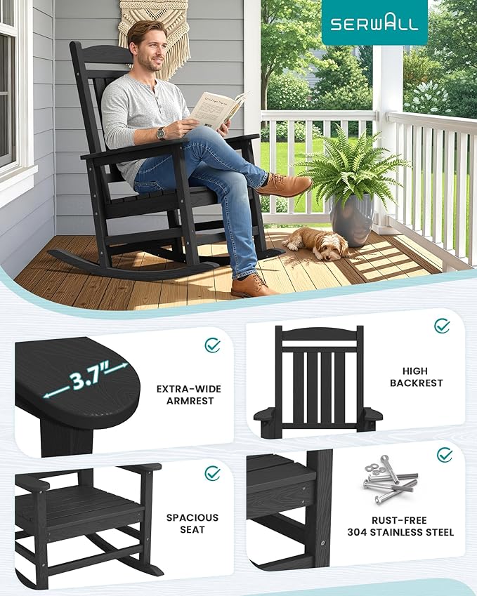 SERWALL HDPE Outdoor Rocking Chair Set of 2, Patio Rocking Chairs, All-Weather - Image 7